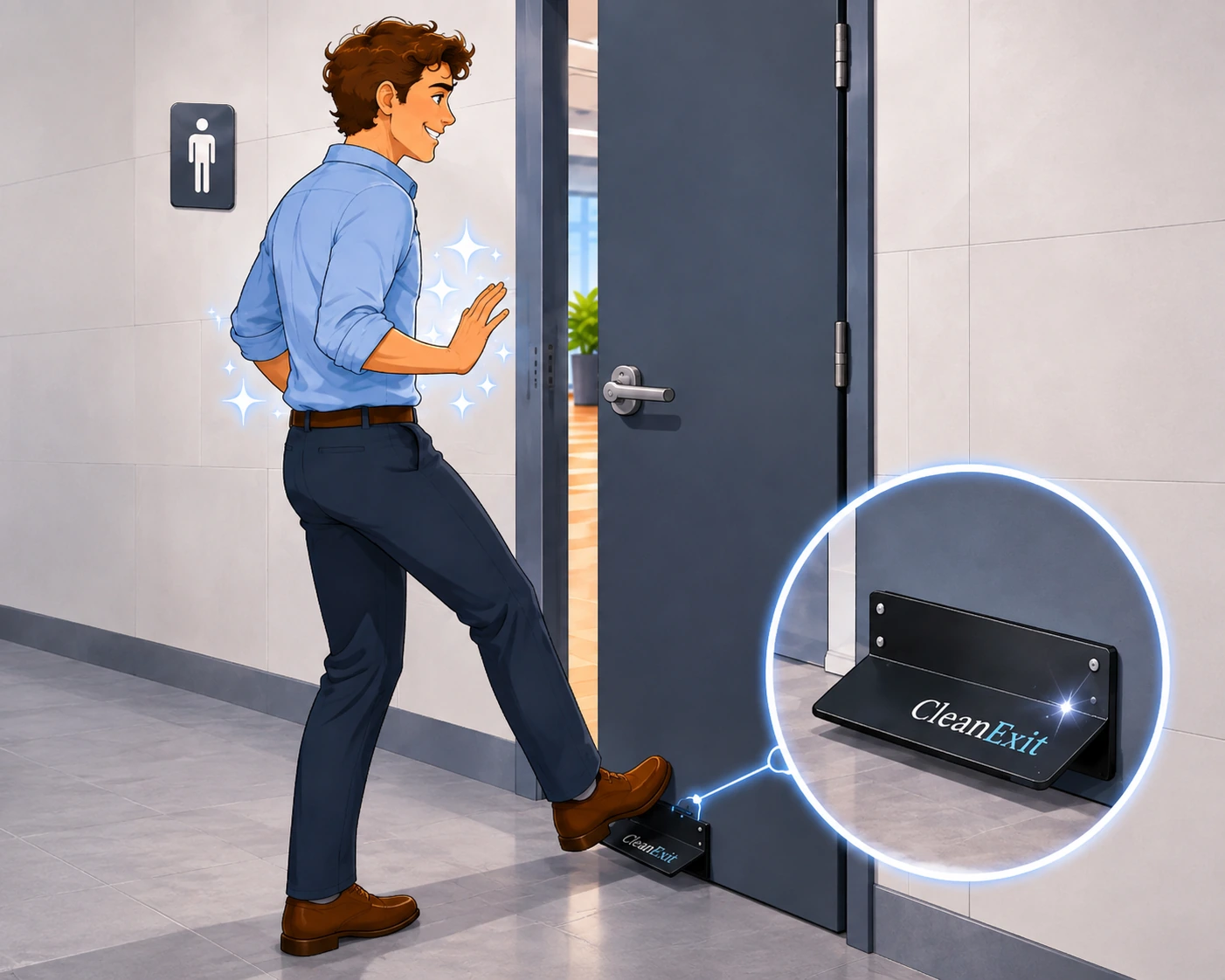 Person opening a door hands-free using the CleanExit foot-operated door opener