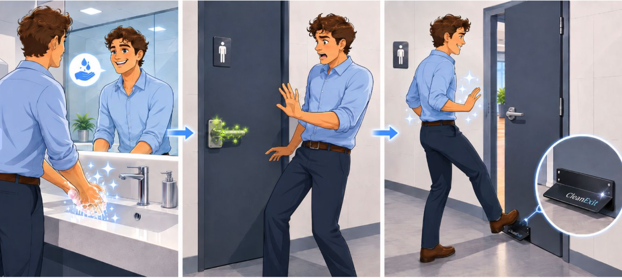 CleanExit process: wash hands, avoid the door handle, then open the door with your foot